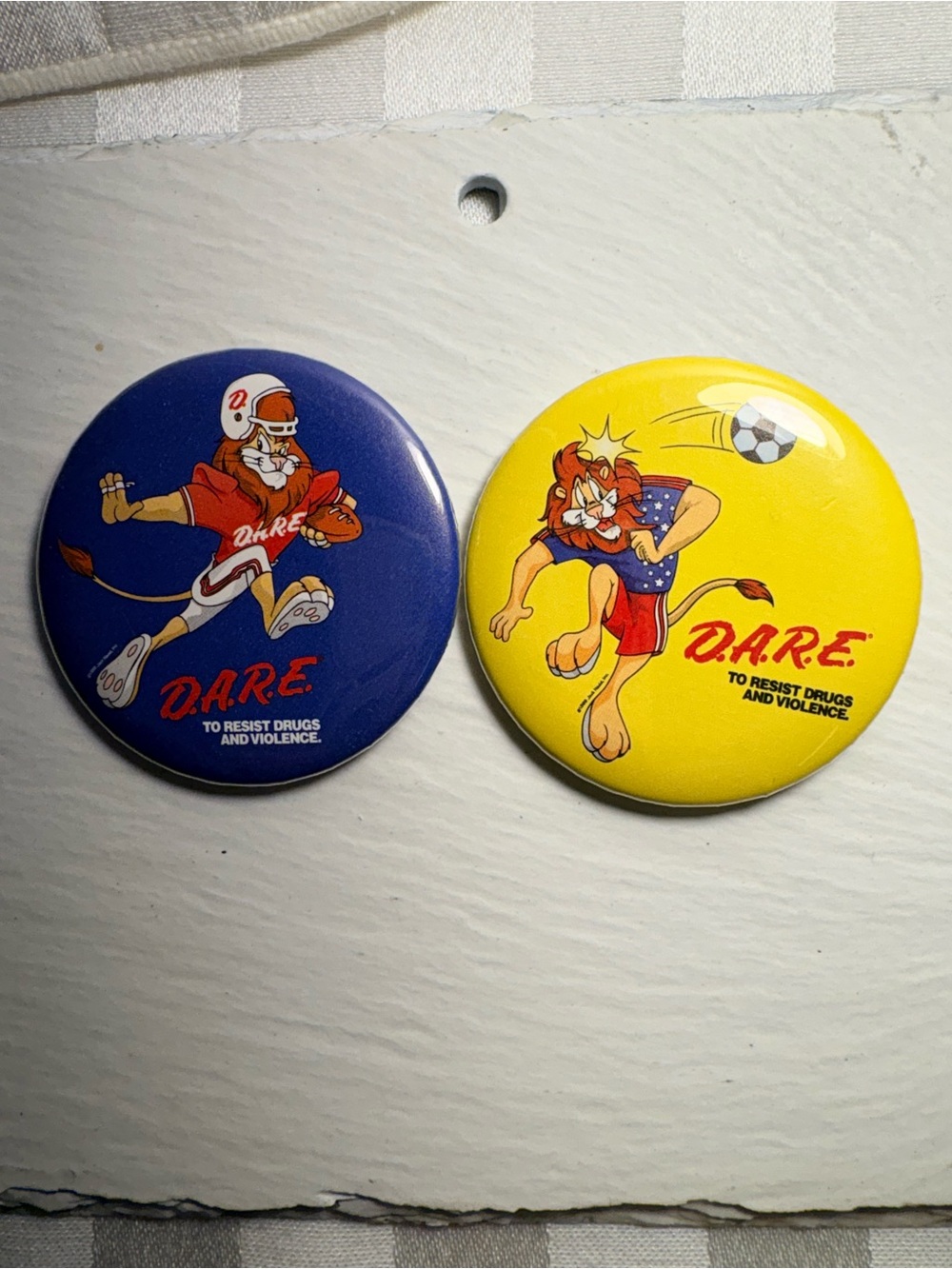 Vintage D.A.R.E Character Pin Back Button Pins - Blue & Yellow